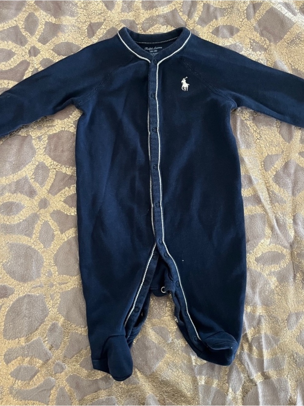 Ralph Lauren Navy Blue Footed Baby One-Piece with White Pony Embroidery - Picture 4 of 4